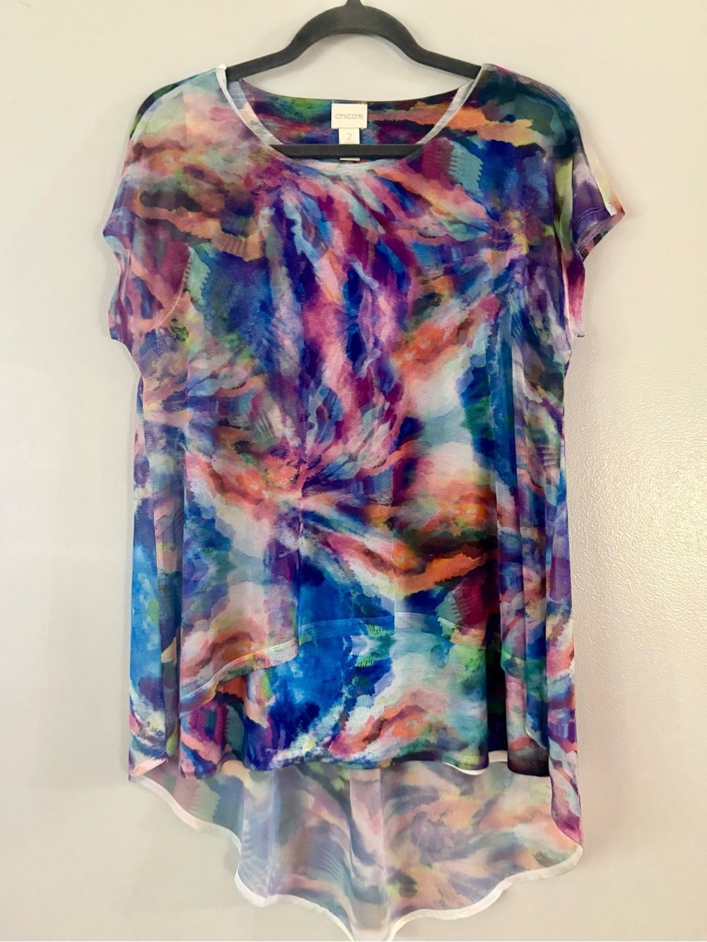 Chico's Abstract Tie Dye Layered Sheer Mesh High-Low Blouse Size Large